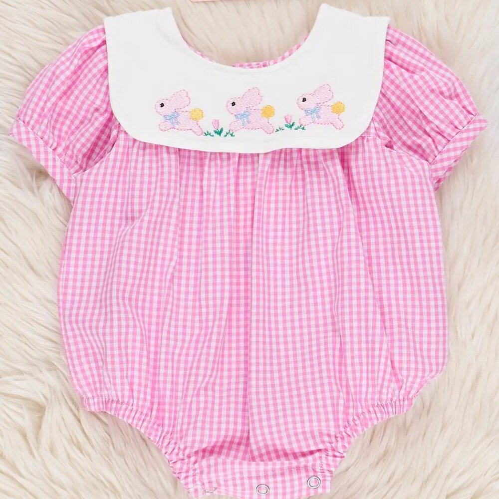Pink Gingham Baby Romper with Floral Embroidery